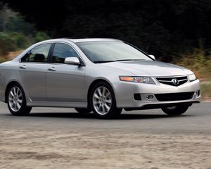 Preview wallpaper acura, tsx, 2006, silver metallic, side view, style, cars, speed, nature, shrubs, asphalt