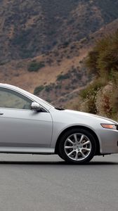 Preview wallpaper acura, tsx, 2006, silver metallic, side view, style, cars, nature, grass, mountains