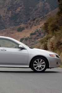 Preview wallpaper acura, tsx, 2006, silver metallic, side view, style, cars, nature, grass, mountains