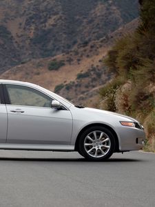 Preview wallpaper acura, tsx, 2006, silver metallic, side view, style, cars, nature, grass, mountains