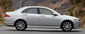 Preview wallpaper acura, tsx, 2006, silver metallic, side view, style, cars, nature, grass, mountains