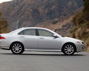 Preview wallpaper acura, tsx, 2006, silver metallic, side view, style, cars, nature, grass, mountains