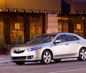 Preview wallpaper acura, tsx, 2008, silver metallic, side view, style, cars, street, building, asphalt