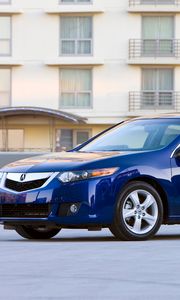 Preview wallpaper acura, tsx, 2008, blue, side view, style, cars, buildings, asphalt