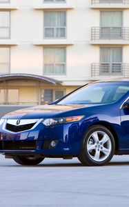 Preview wallpaper acura, tsx, 2008, blue, side view, style, cars, buildings, asphalt