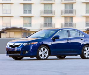 Preview wallpaper acura, tsx, 2008, blue, side view, style, cars, buildings, asphalt