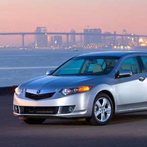 Preview wallpaper acura, tsx, 2008, silver metallic, side view, style, cars, sunset, city, lights, bridge, asphalt