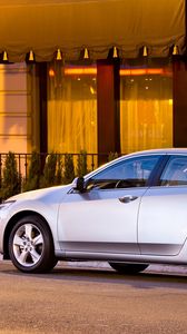 Preview wallpaper acura, tsx, 2008, silver metallic, side view, style, cars, street, building, shrubs, asphalt