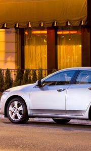Preview wallpaper acura, tsx, 2008, silver metallic, side view, style, cars, street, building, shrubs, asphalt