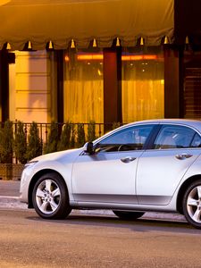 Preview wallpaper acura, tsx, 2008, silver metallic, side view, style, cars, street, building, shrubs, asphalt