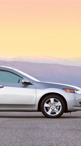 Preview wallpaper acura, tsx, 2008, silver metallic, side view, style, cars, sunset, mountains, asphalt