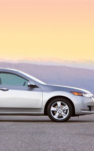 Preview wallpaper acura, tsx, 2008, silver metallic, side view, style, cars, sunset, mountains, asphalt