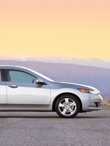 Preview wallpaper acura, tsx, 2008, silver metallic, side view, style, cars, sunset, mountains, asphalt