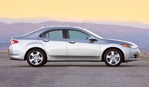 Preview wallpaper acura, tsx, 2008, silver metallic, side view, style, cars, sunset, mountains, asphalt