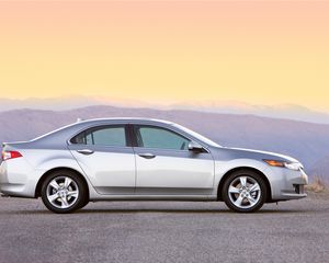 Preview wallpaper acura, tsx, 2008, silver metallic, side view, style, cars, sunset, mountains, asphalt