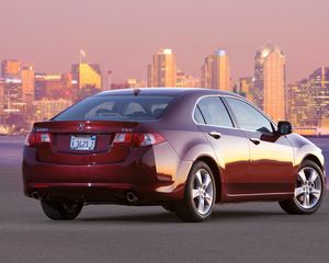 Preview wallpaper acura, tsx, 2008, red, rear view, style, cars, city, house, lights, asphalt