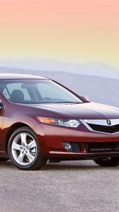 Preview wallpaper acura, tsx, 2008, red, side view, style, cars, mountains, asphalt