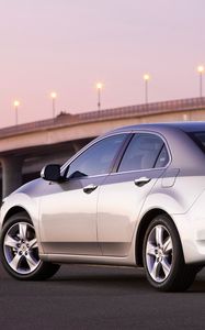 Preview wallpaper acura, tsx, 2008, silver metallic, side view, style, cars, bridges, lights, asphalt