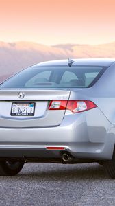 Preview wallpaper acura, tsx, 2008, metallic silver, rear view, style, cars, mountains, sunset, asphalt