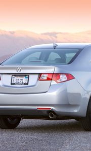 Preview wallpaper acura, tsx, 2008, metallic silver, rear view, style, cars, mountains, sunset, asphalt