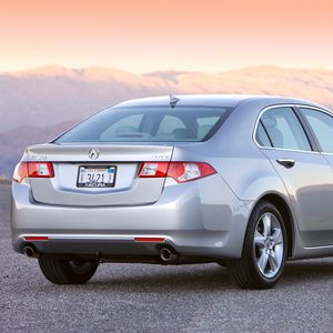 Preview wallpaper acura, tsx, 2008, metallic silver, rear view, style, cars, mountains, sunset, asphalt