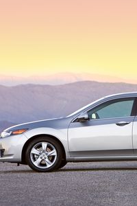 Preview wallpaper acura, tsx, 2008, silver metallic, side view, style, cars, mountains, sunset