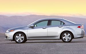 Preview wallpaper acura, tsx, 2008, silver metallic, side view, style, cars, mountains, sunset