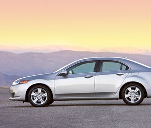 Preview wallpaper acura, tsx, 2008, silver metallic, side view, style, cars, mountains, sunset