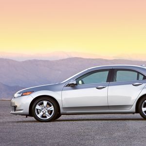 Preview wallpaper acura, tsx, 2008, silver metallic, side view, style, cars, mountains, sunset