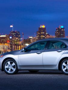 Preview wallpaper acura, tsx, 2008, silver metallic, side view, style, cars, sky, city, lights, asphalt