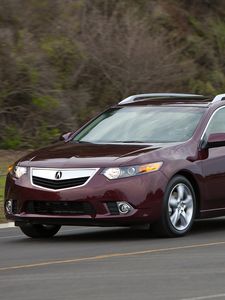 Preview wallpaper acura, tsx, 2010, burgundy, front view, style, cars, speed, road, trees