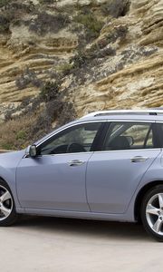 Preview wallpaper acura, tsx, 2010, blue metallic, side view, style, cars, speed, rocks, nature