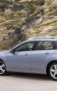 Preview wallpaper acura, tsx, 2010, blue metallic, side view, style, cars, speed, rocks, nature