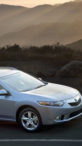 Preview wallpaper acura, tsx, 2010, blue metallic, top view, style, cars, nature, mountains, rays sun