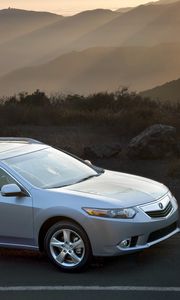 Preview wallpaper acura, tsx, 2010, blue metallic, top view, style, cars, nature, mountains, rays sun