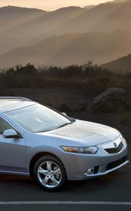 Preview wallpaper acura, tsx, 2010, blue metallic, top view, style, cars, nature, mountains, rays sun