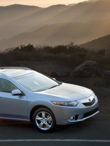 Preview wallpaper acura, tsx, 2010, blue metallic, top view, style, cars, nature, mountains, rays sun