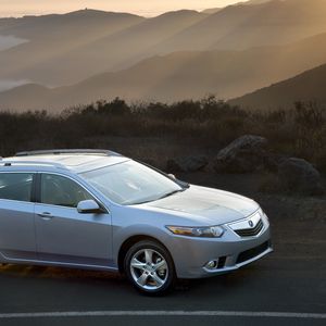 Preview wallpaper acura, tsx, 2010, blue metallic, top view, style, cars, nature, mountains, rays sun