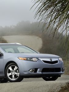 Preview wallpaper acura, tsx, 2010, blue, side view, style, cars, nature, shrubs, trees