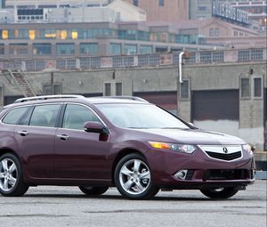 Preview wallpaper acura, tsx, 2010, cherry, side view, style, cars, city, buildings, asphalt