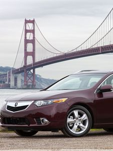 Preview wallpaper acura, tsx, 2010, cherry, side view, style, road, bridge, water, grass, gravel