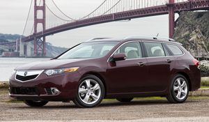 Preview wallpaper acura, tsx, 2010, cherry, side view, style, road, bridge, water, grass, gravel