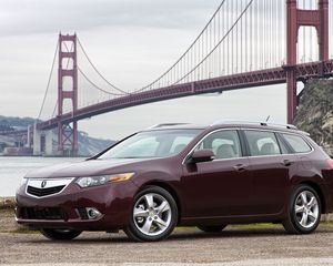 Preview wallpaper acura, tsx, 2010, cherry, side view, style, road, bridge, water, grass, gravel