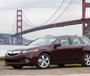 Preview wallpaper acura, tsx, 2010, cherry, side view, style, road, bridge, water, grass, gravel