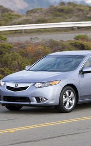 Preview wallpaper acura, tsx, 2010, blue, side view, style, cars, speed, clouds, bushes, road