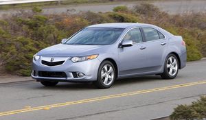 Preview wallpaper acura, tsx, 2010, blue, side view, style, cars, speed, clouds, bushes, road