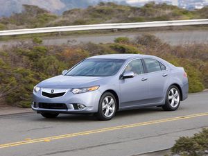 Preview wallpaper acura, tsx, 2010, blue, side view, style, cars, speed, clouds, bushes, road