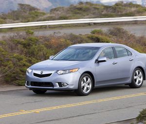 Preview wallpaper acura, tsx, 2010, blue, side view, style, cars, speed, clouds, bushes, road