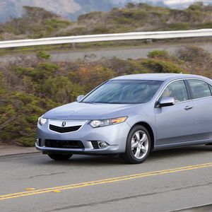 Preview wallpaper acura, tsx, 2010, blue, side view, style, cars, speed, clouds, bushes, road