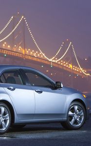 Preview wallpaper acura, tsx, 2010, blue metallic, side view, style, cars, bridges, lights, wet asphalt